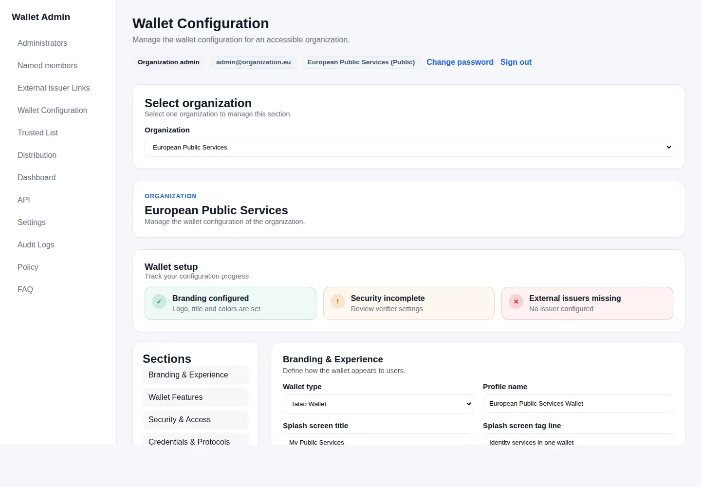 Wallet Provider Backend configuration screen showing organization selection, wallet setup progress and branding settings