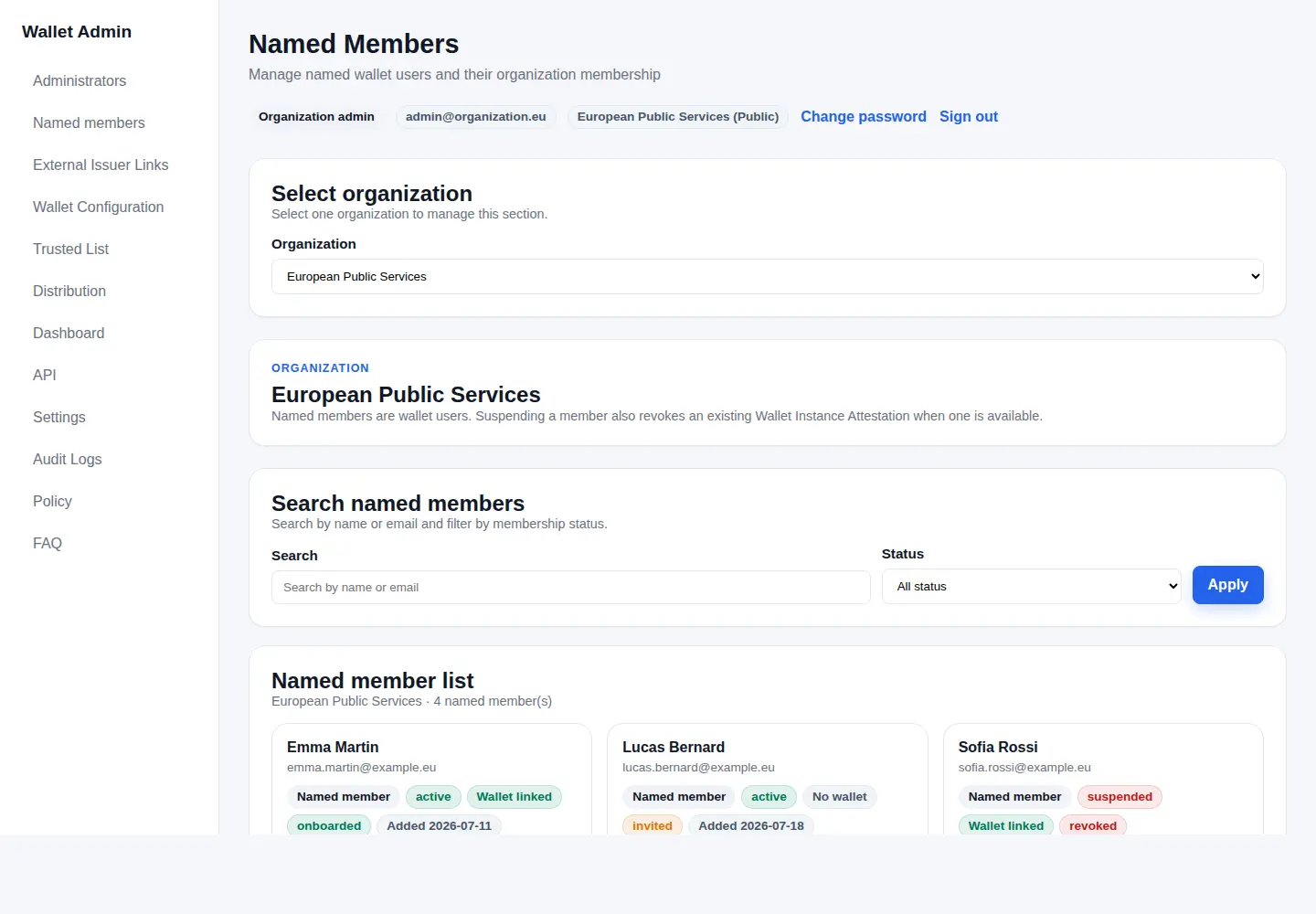 Wallet Provider Backend named-member screen showing onboarding, wallet linkage and status badges